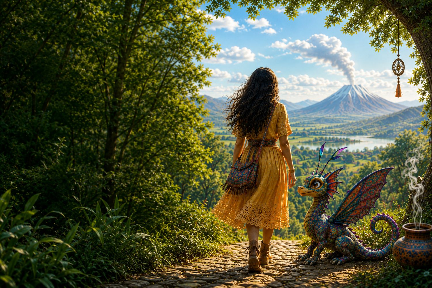 Lina y Drako ante los volcanes